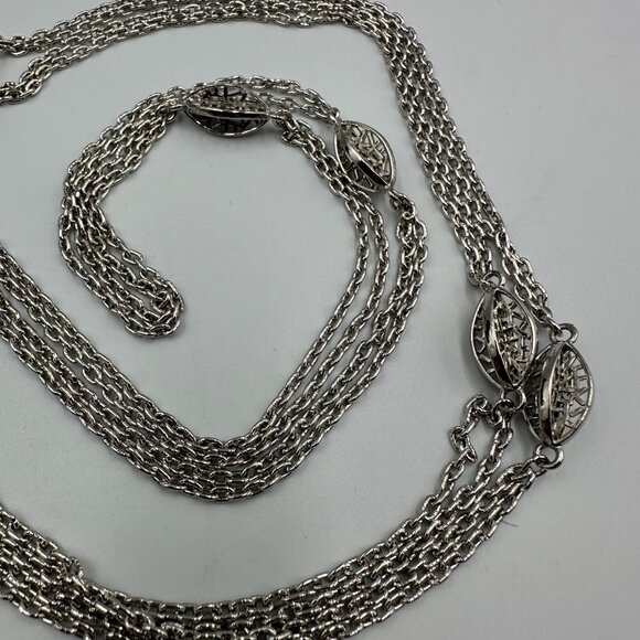 Vintage Monet Necklace Silver Tone Long Double Chain Filigree Station Beads 54" - Picture 6 of 9
